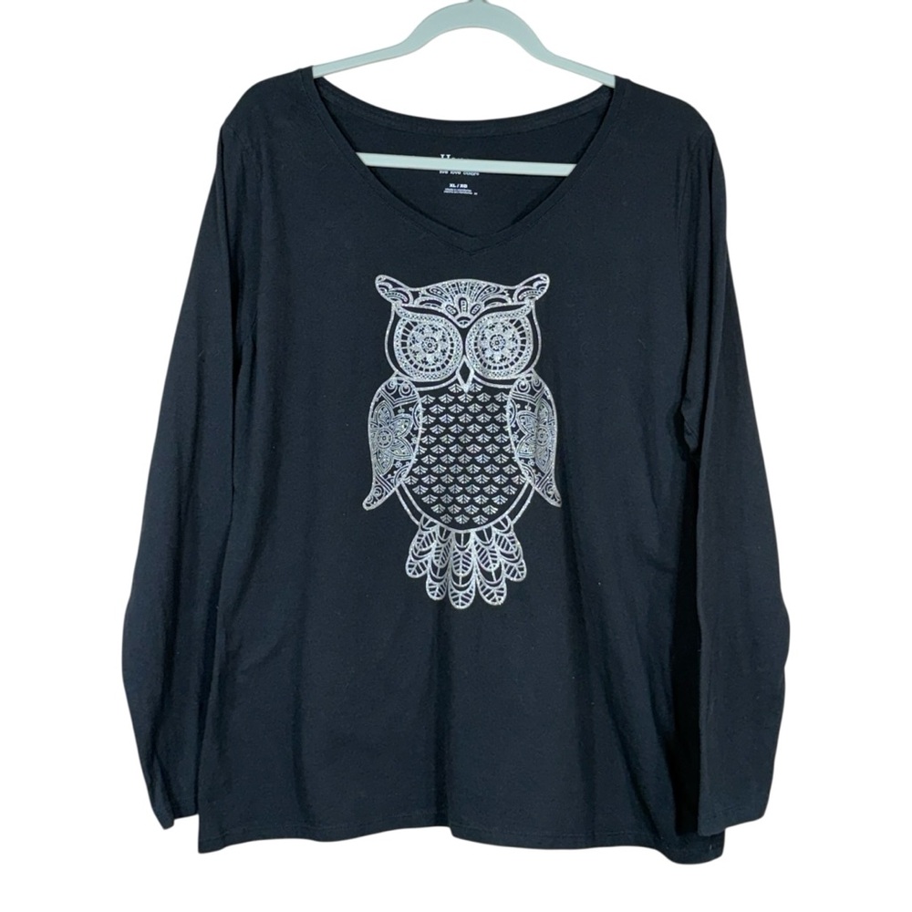 Hanes Live Love Colors Black Long Sleeve Shirt With Glitter Sparkle Owl  Size XL